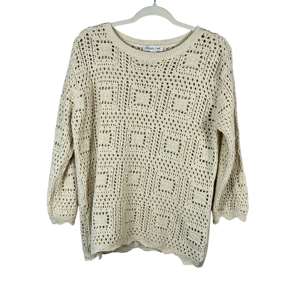 Coldwater Creek Cream Open Knit Geometric Crochet Pullover Sweater Small